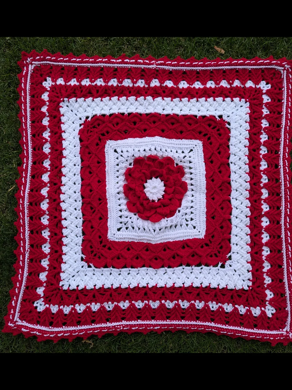 Handmade Christmas Red and White Crochet Blanket with Rosette Center